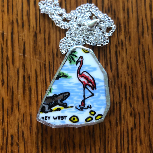 Broken Pottery Artisan Made Key West Pendant Florida Collectors Plate Handcrafted Necklace 1.25in x 1 3/8in
