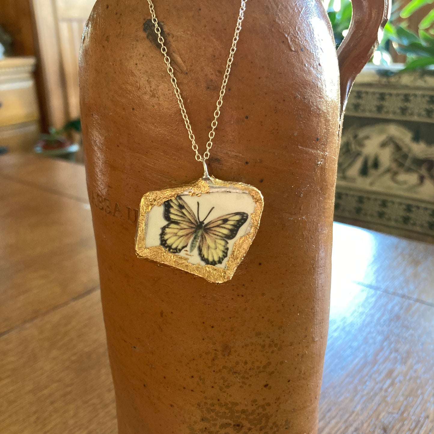 Broken Pottery Artisan Made Yellow Butterfly Pendant Studio Nova Plate Handcrafted Necklace 1.25 in x 1 1/8 in