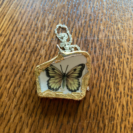 Broken Pottery Artisan Made Yellow Butterfly Pendant Studio Nova Plate Handcrafted Necklace 1.25 in x 1 1/8 in