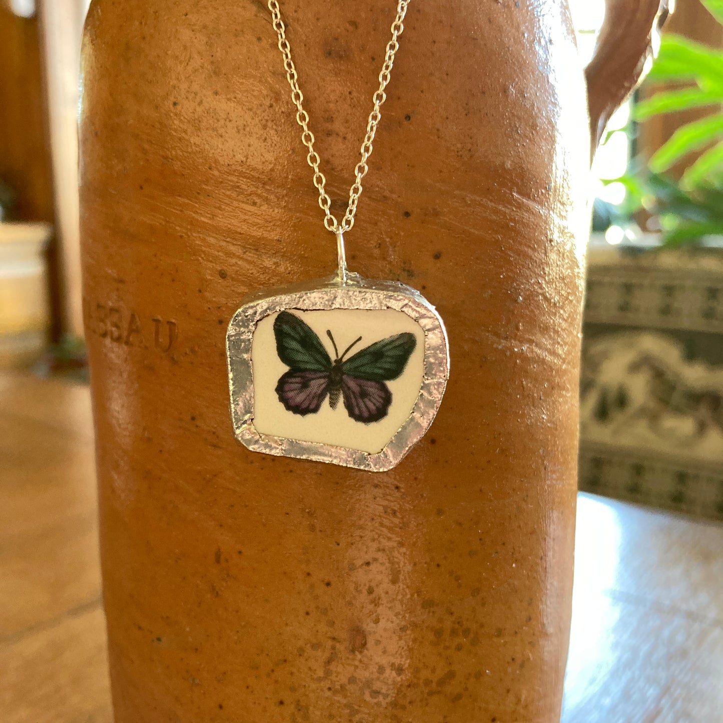 Broken Pottery Artisan Made Blue And Purple Butterfly Pendant Studio Nova Plate Handcrafted Necklace 1 1/8 in x 1 in