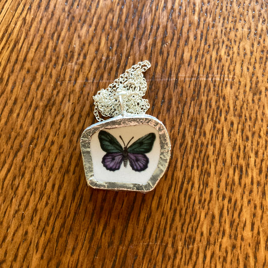 Broken Pottery Artisan Made Blue And Purple Butterfly Pendant Studio Nova Plate Handcrafted Necklace 1 1/8 in x 1 in