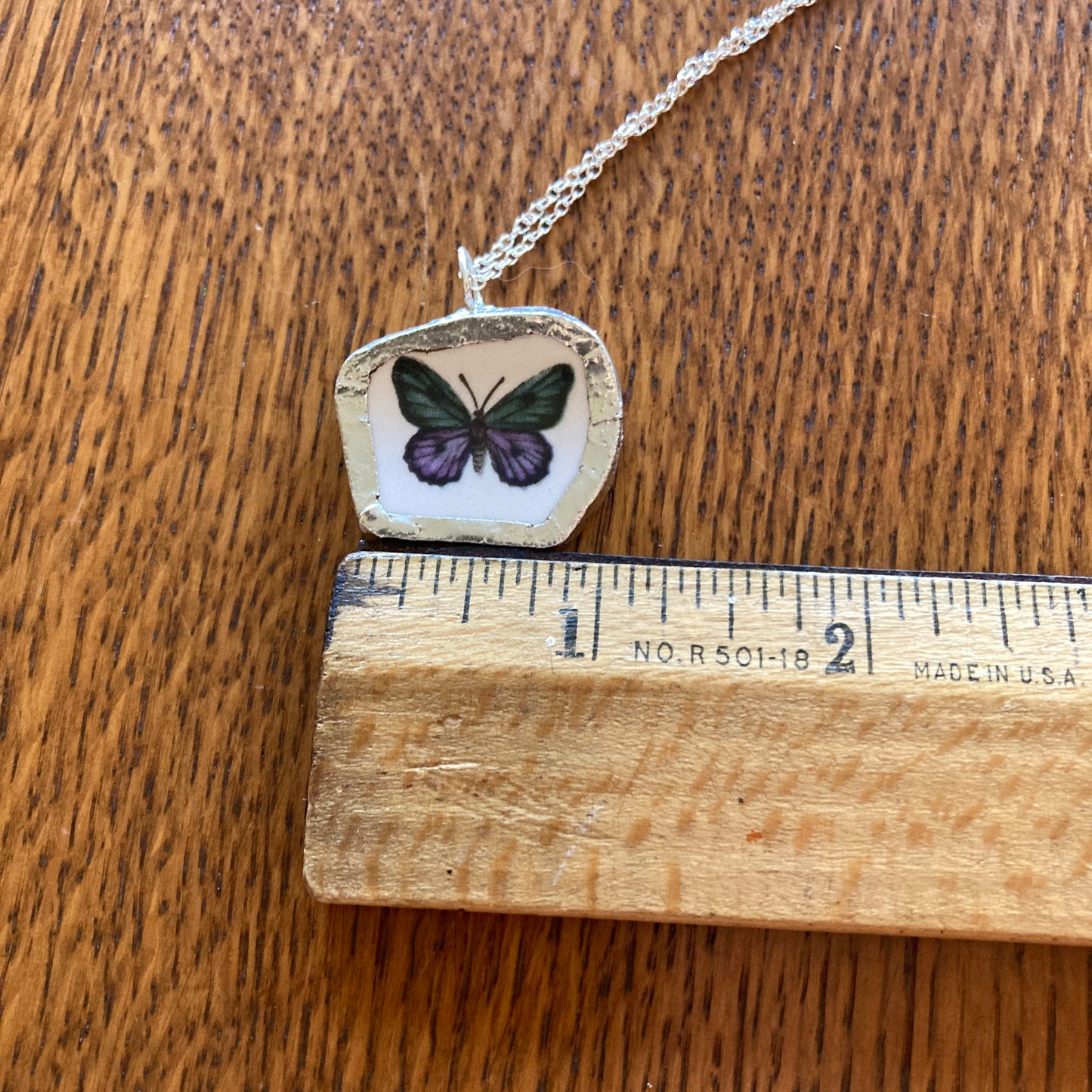 Broken Pottery Artisan Made Blue And Purple Butterfly Pendant Studio Nova Plate Handcrafted Necklace 1 1/8 in x 1 in