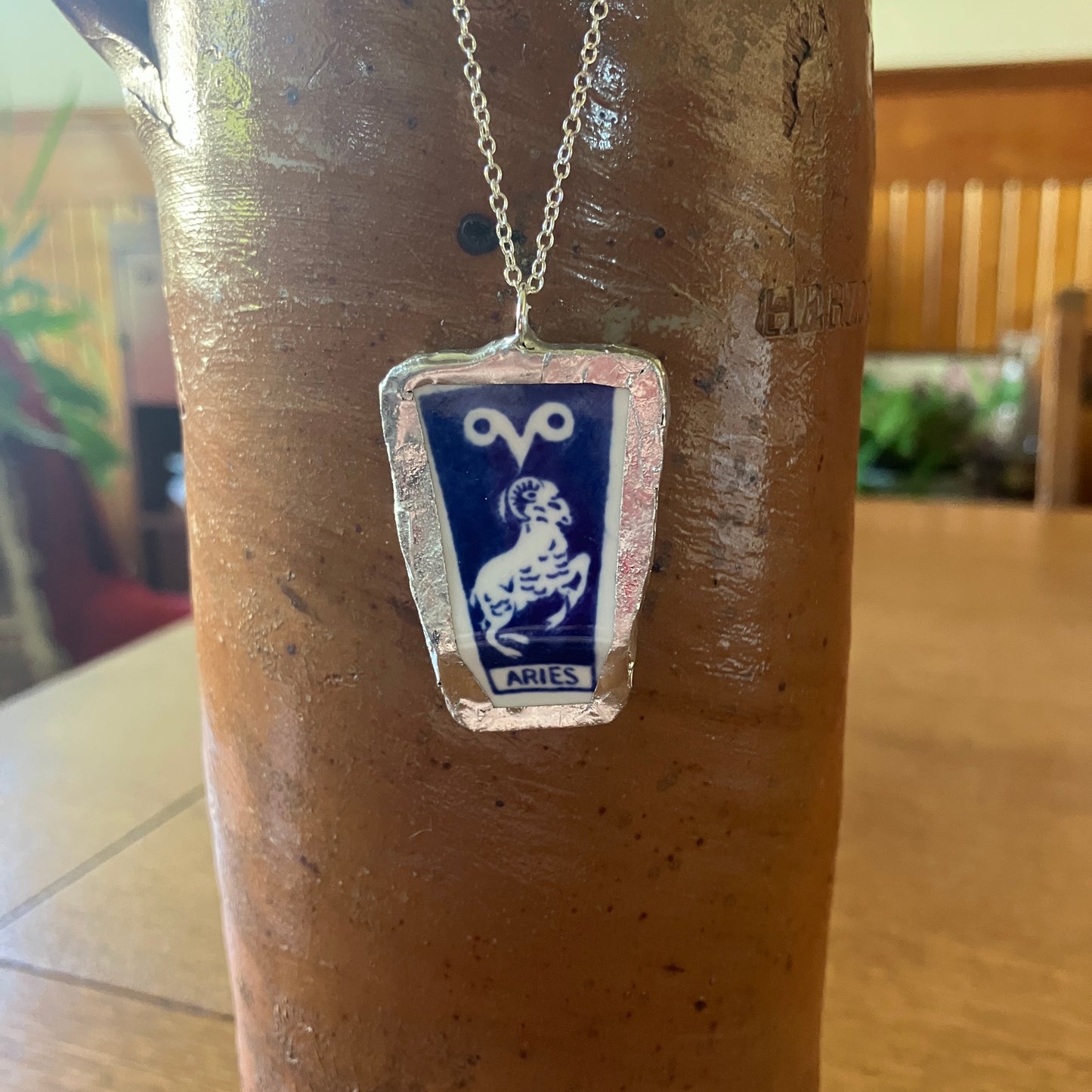 Artisan Made Aries Pendant Repurposed Zodiac Calendar Plate Shard Unique Necklace 1in x 1.5in