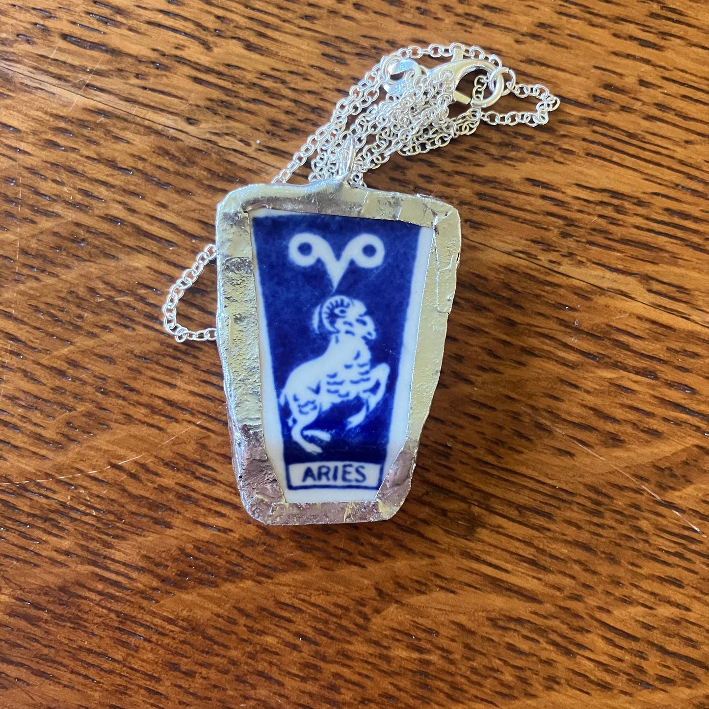 Artisan Made Aries Pendant Repurposed Zodiac Calendar Plate Shard Unique Necklace 1in x 1.5in