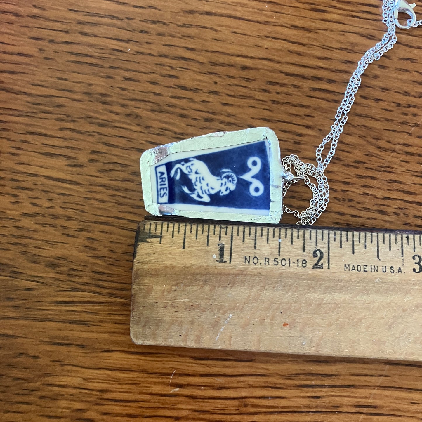 Artisan Made Aries Pendant Repurposed Zodiac Calendar Plate Shard Unique Necklace 1in x 1.5in