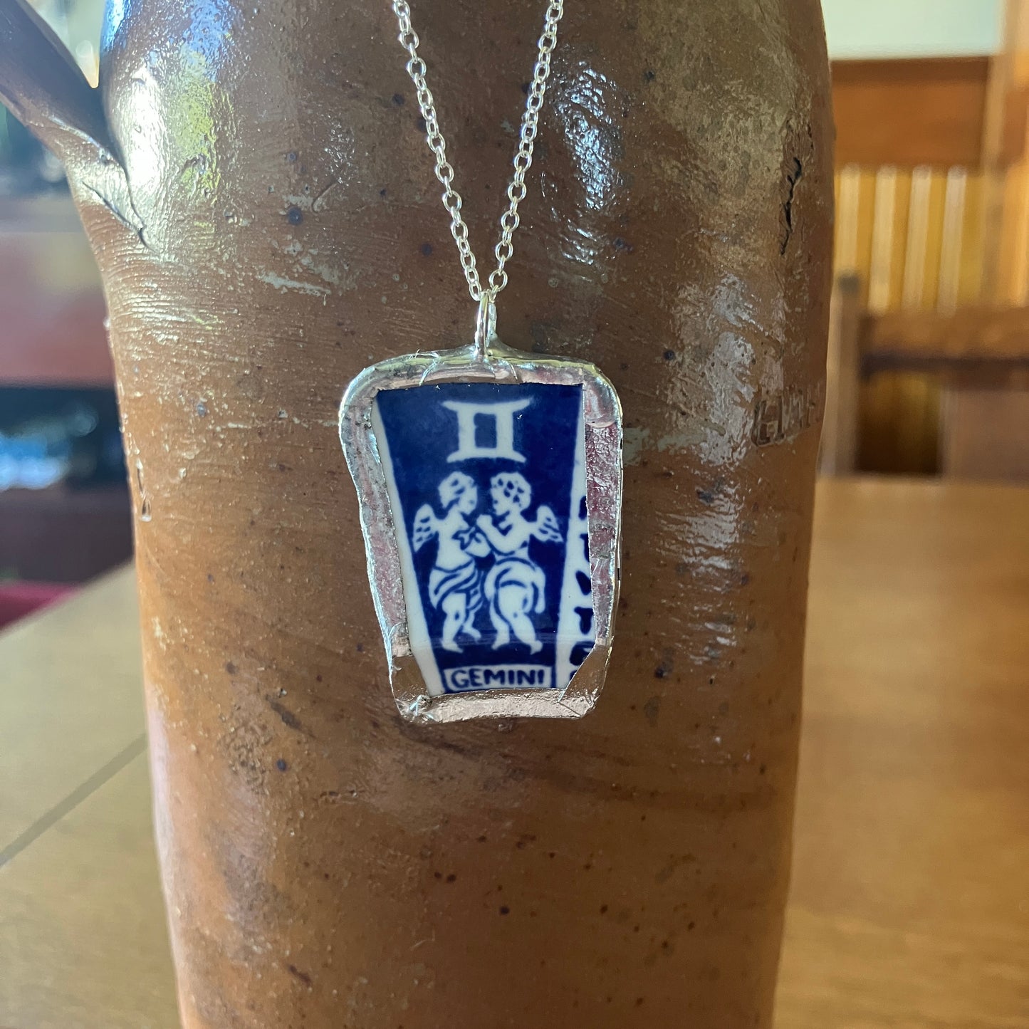 Artisan Made Gemini Pendant Repurposed Zodiac Calendar Plate Shard Unique Necklace 1in x 1.5in