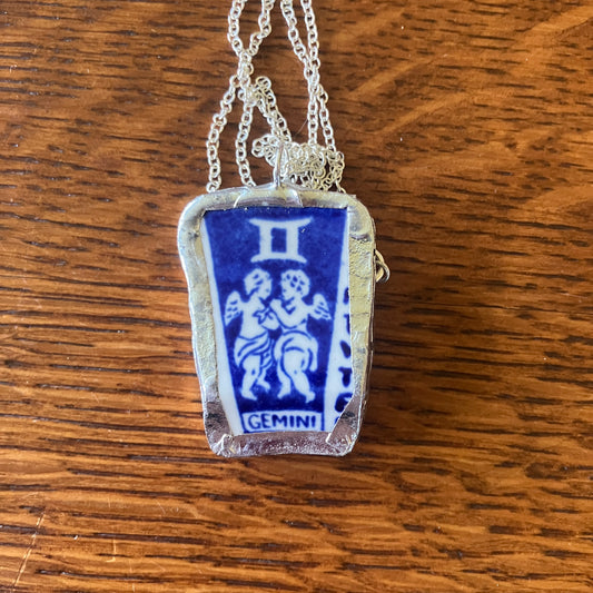Artisan Made Gemini Pendant Repurposed Zodiac Calendar Plate Shard Unique Necklace 1in x 1.5in