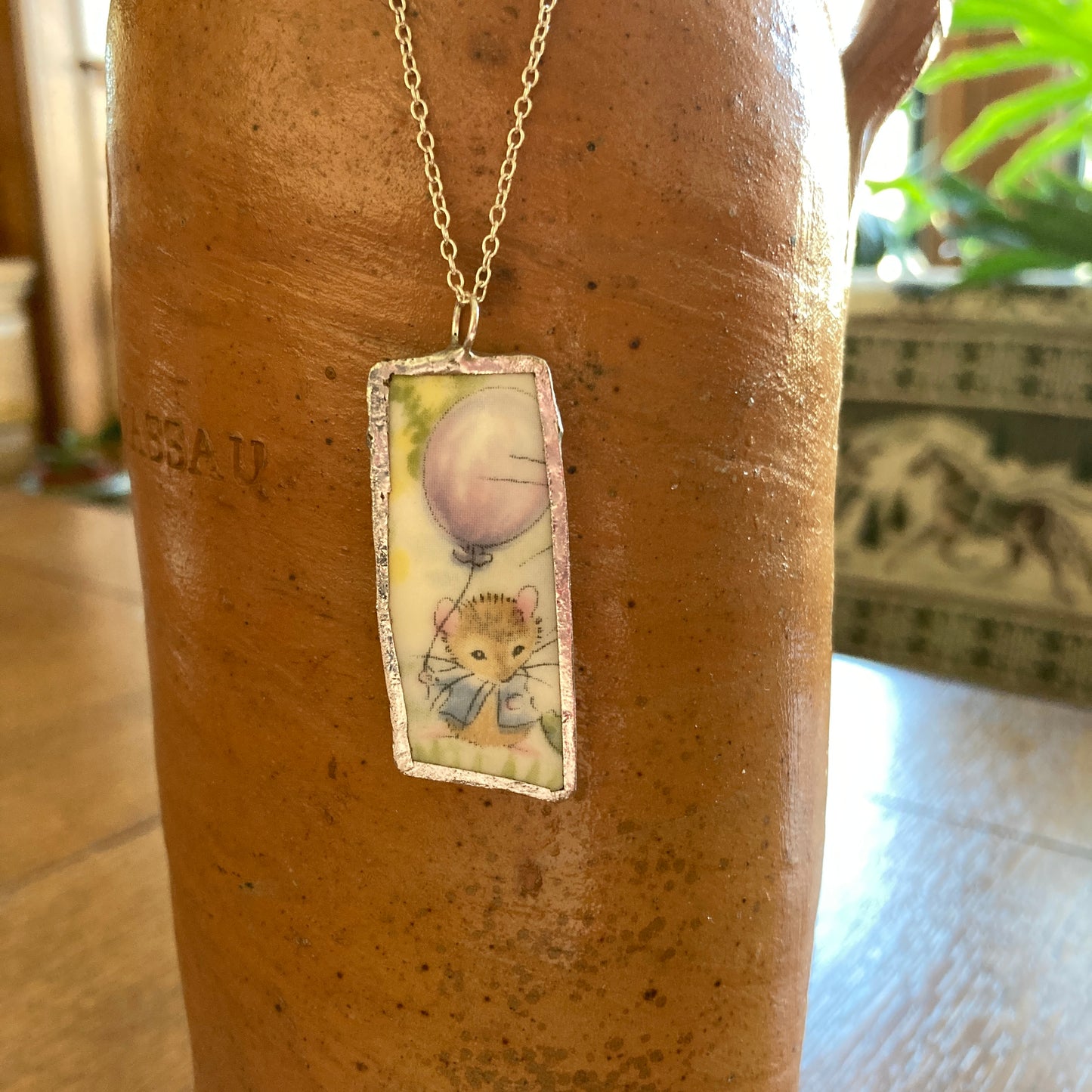 Broken Pottery Artisan Made Pendant Royal Kent Mouse Plate Handcrafted Necklace 3/4 in x 1.75 in