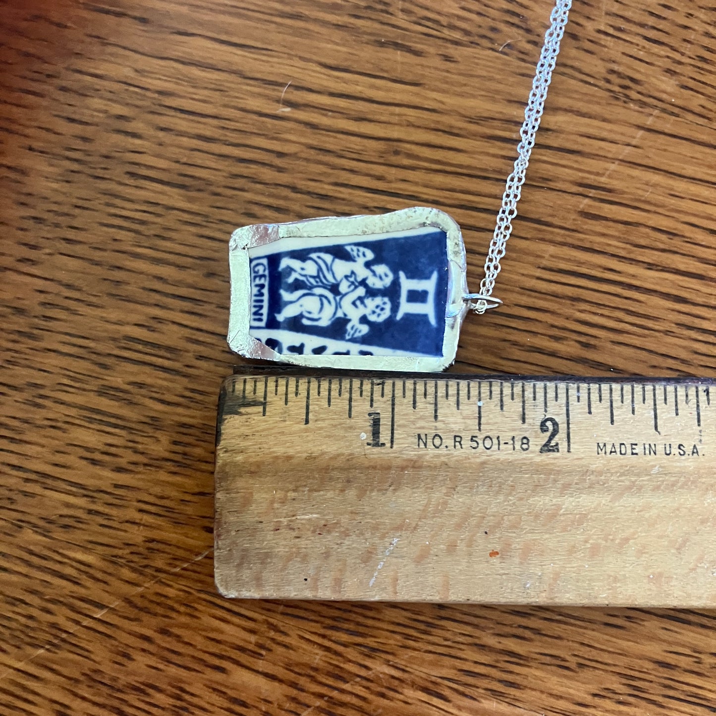 Artisan Made Gemini Pendant Repurposed Zodiac Calendar Plate Shard Unique Necklace 1in x 1.5in