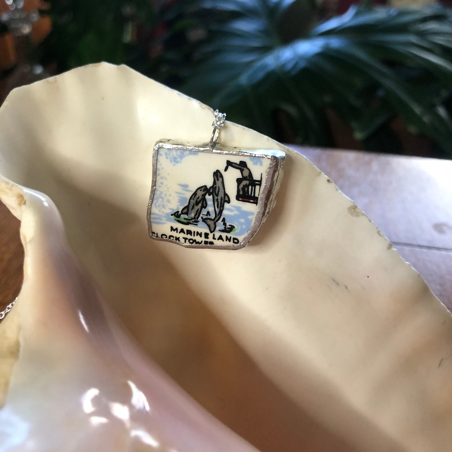 Broken Pottery Artisan Made Marineland Pendant Florida Collectors Plate Handcrafted Necklace 1.25in x 1 1/8in