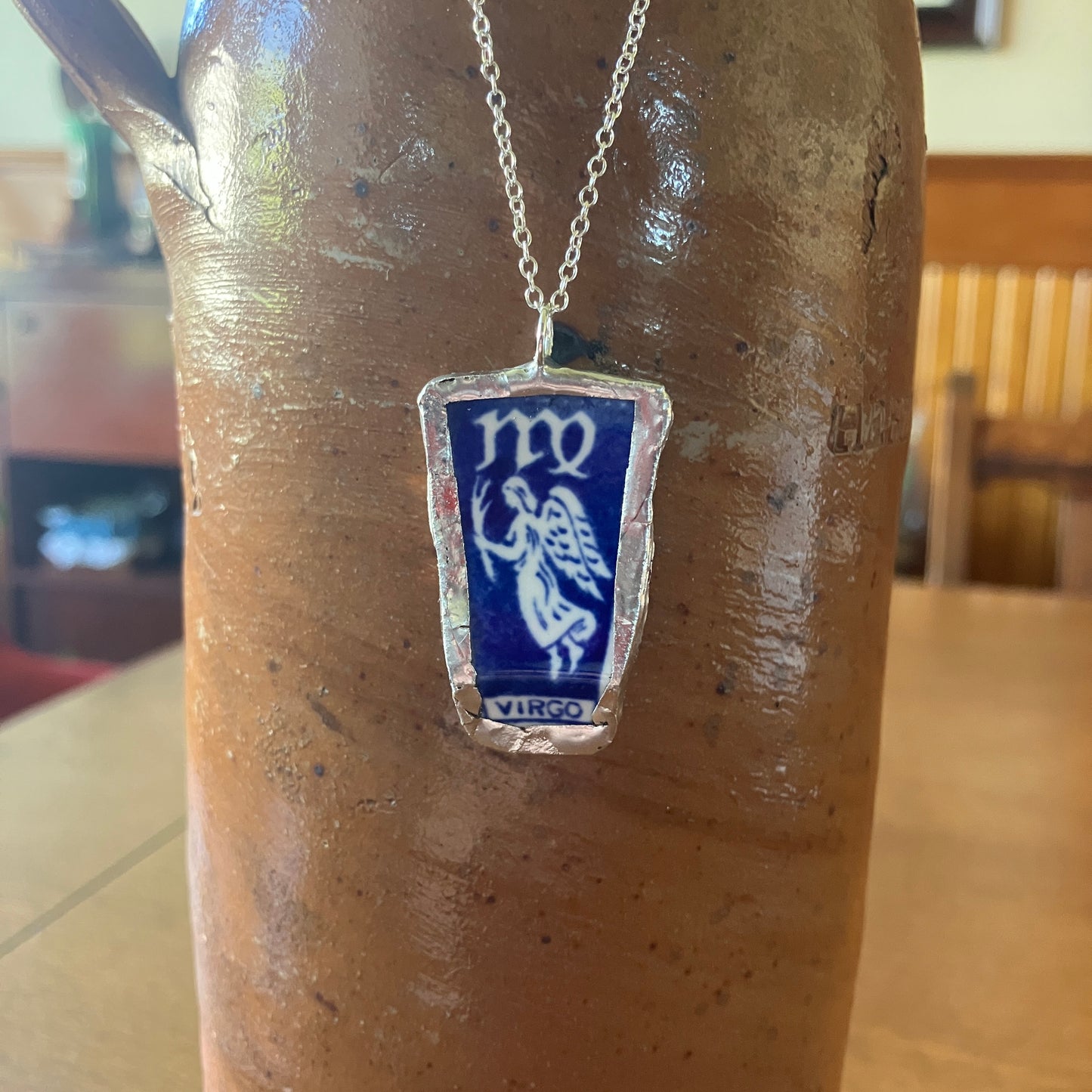Artisan Made Virgo Pendant Repurposed Zodiac Calendar Plate Shard Unique Necklace 7/8in x 1.5in