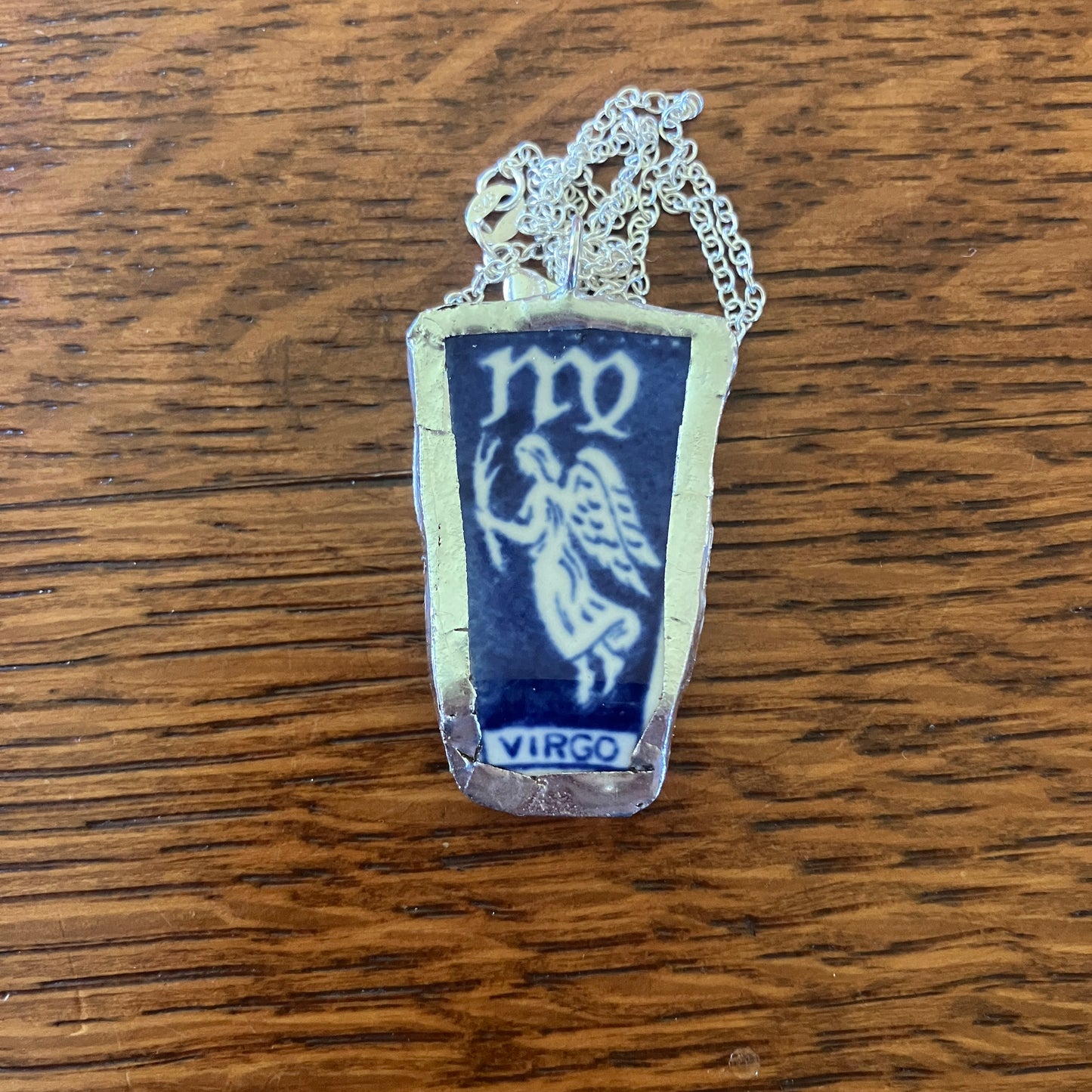 Artisan Made Virgo Pendant Repurposed Zodiac Calendar Plate Shard Unique Necklace 7/8in x 1.5in