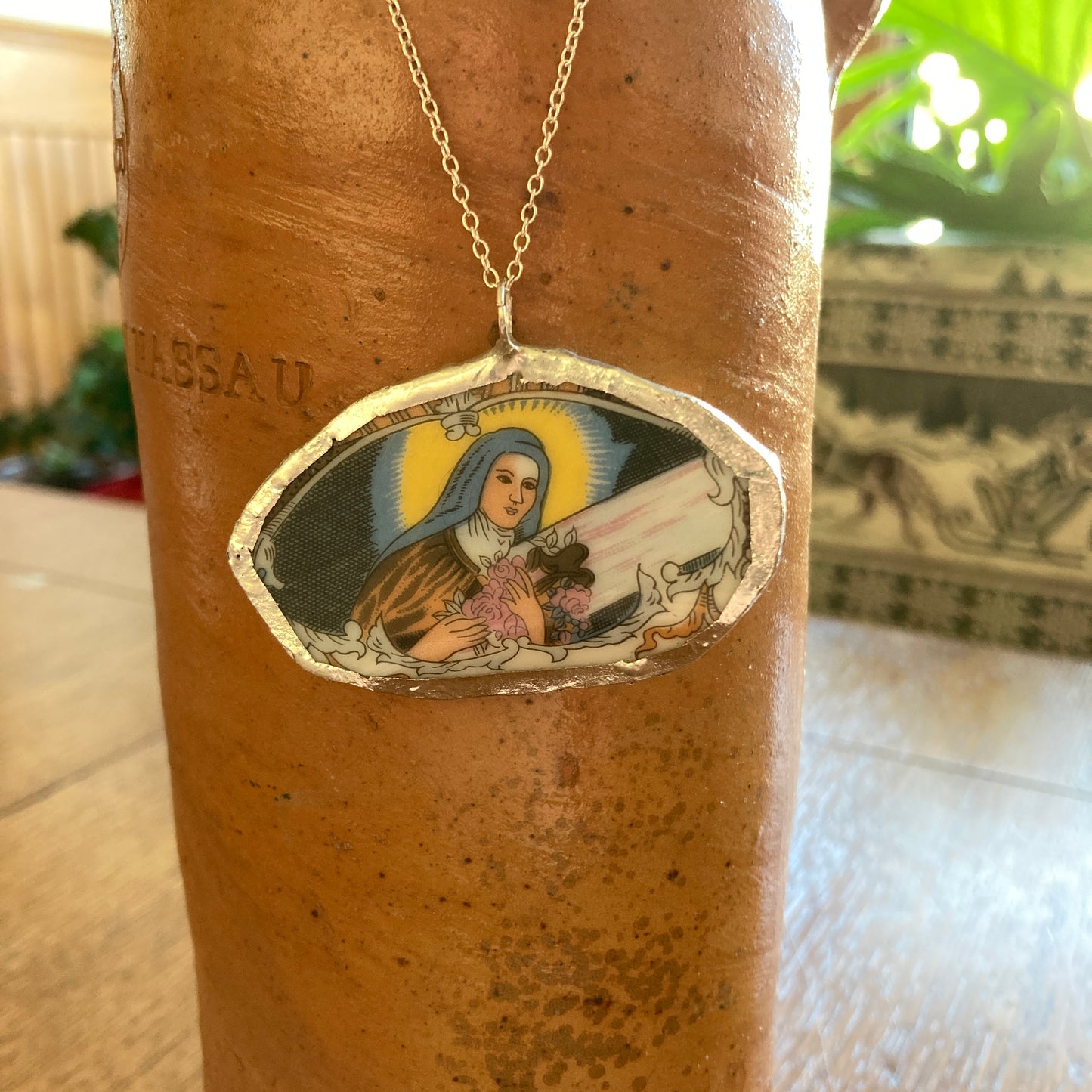 Broken Pottery Artisan Made Pendant Christian Religious Plate Handcrafted Necklace 1.5 in x 2.25 in
