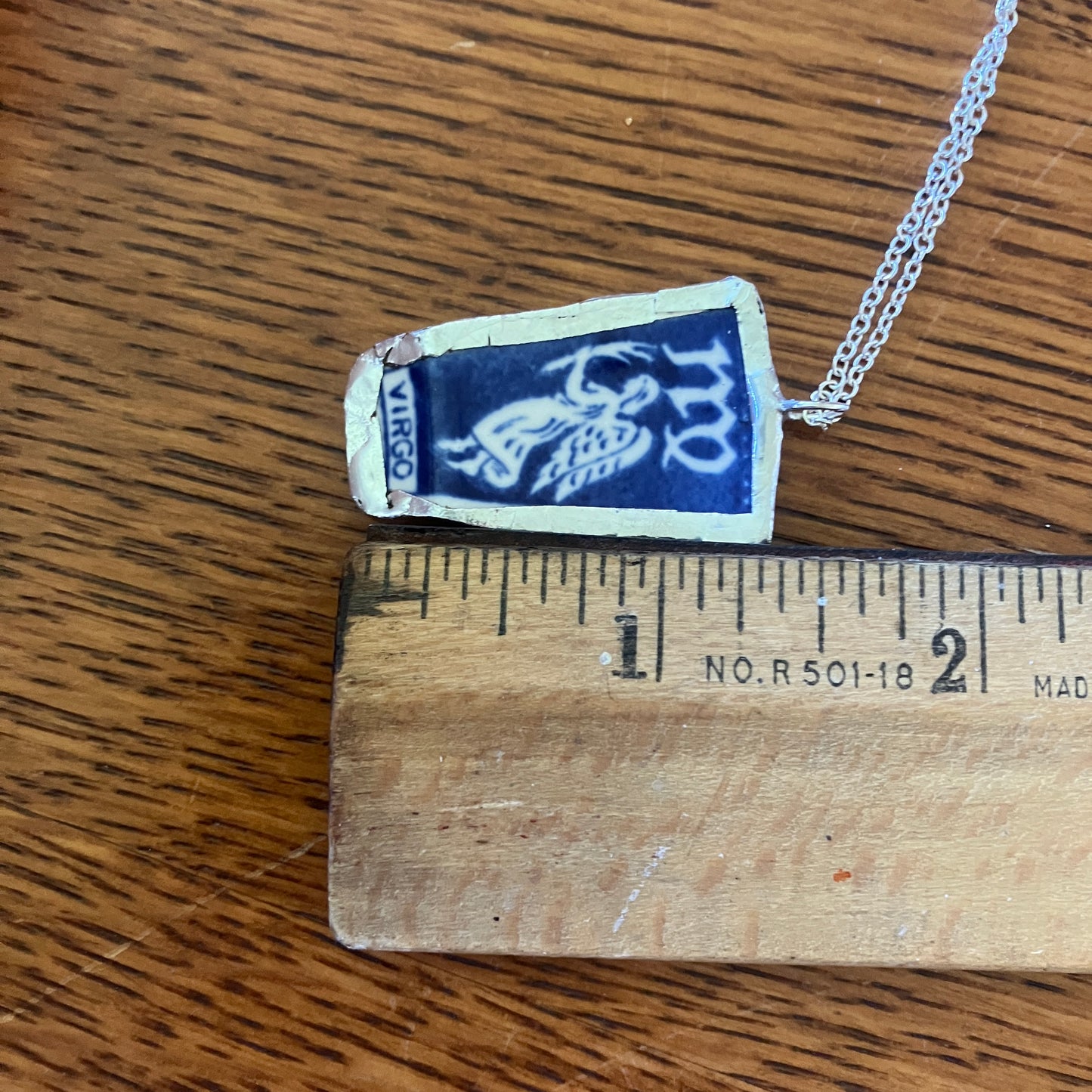 Artisan Made Virgo Pendant Repurposed Zodiac Calendar Plate Shard Unique Necklace 7/8in x 1.5in