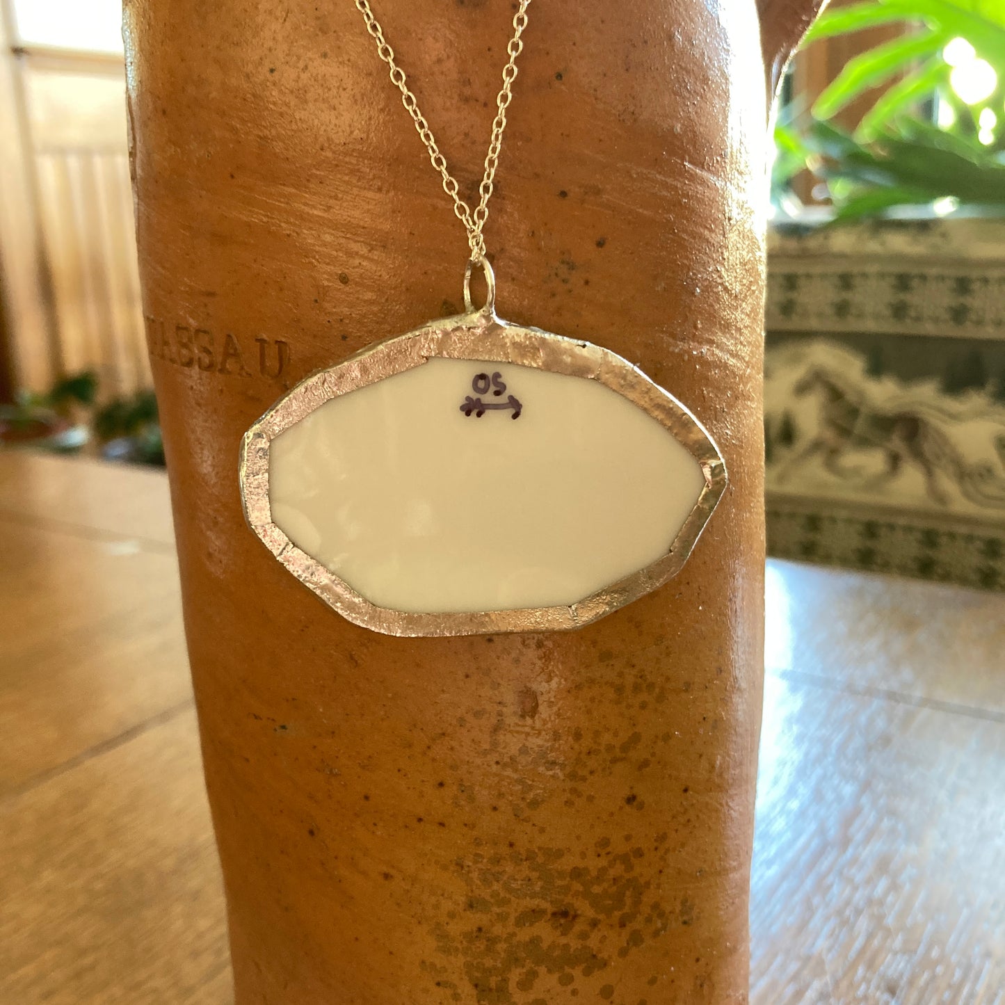 Broken Pottery Artisan Made Pendant Christian Religious Plate Handcrafted Necklace 1.5 in x 2.25 in