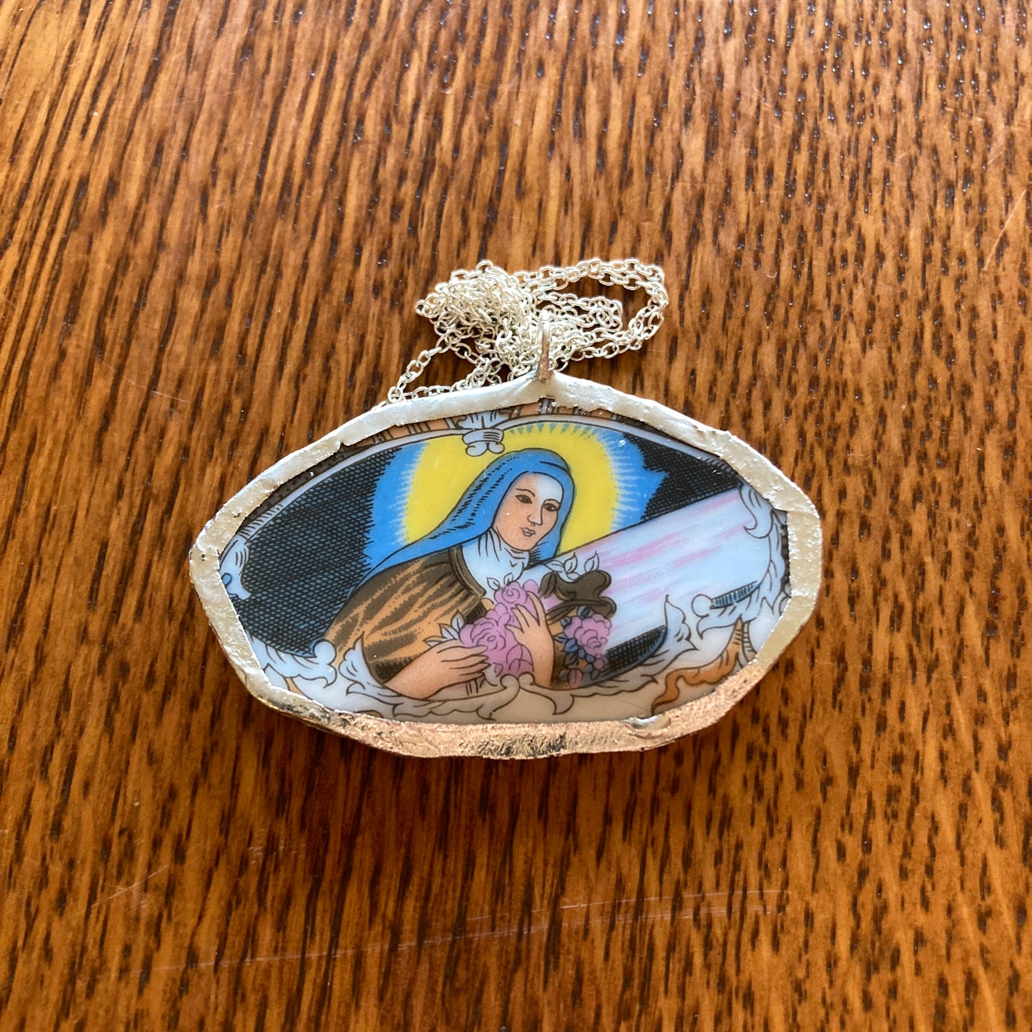 Broken Pottery Artisan Made Pendant Christian Religious Plate Handcrafted Necklace 1.5 in x 2.25 in