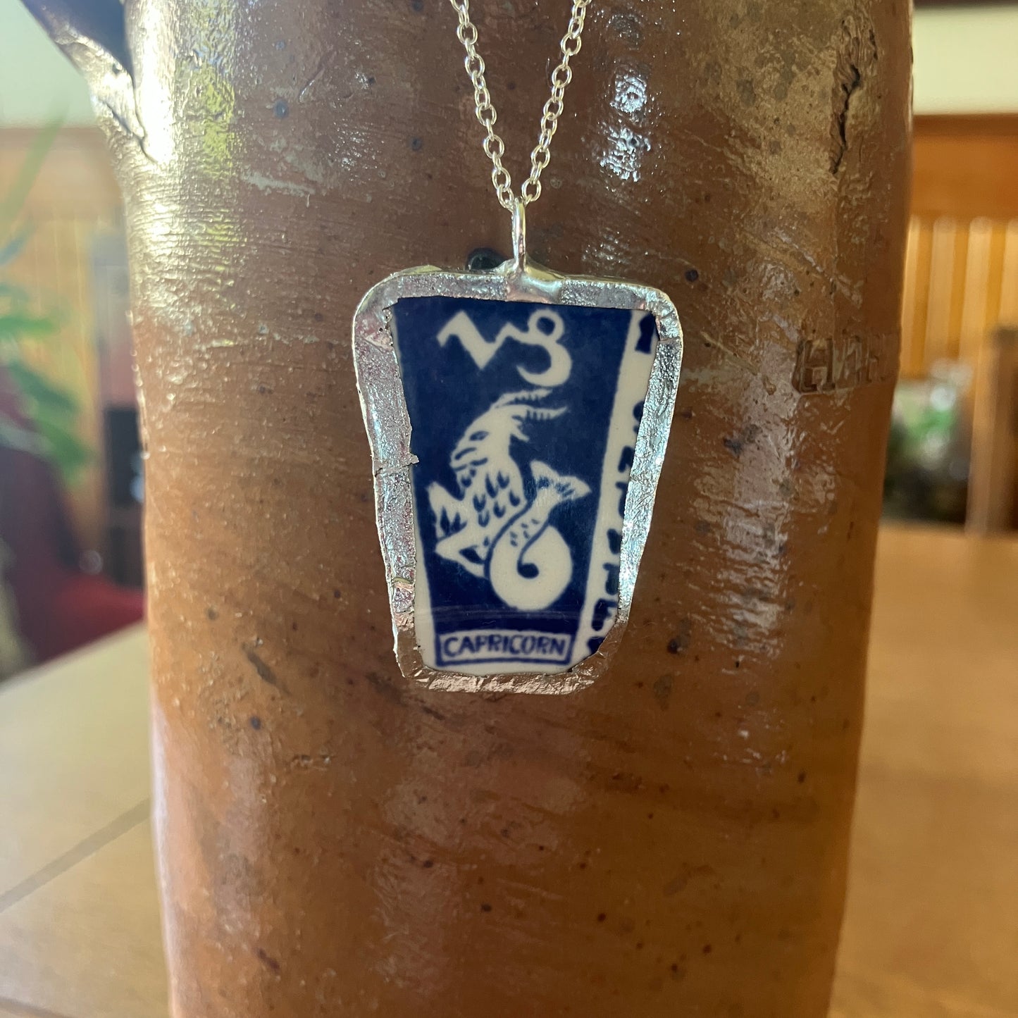 Artisan Made Capricorn Pendant Repurposed Zodiac Calendar Plate Shard Unique Necklace 1in x 1.5in