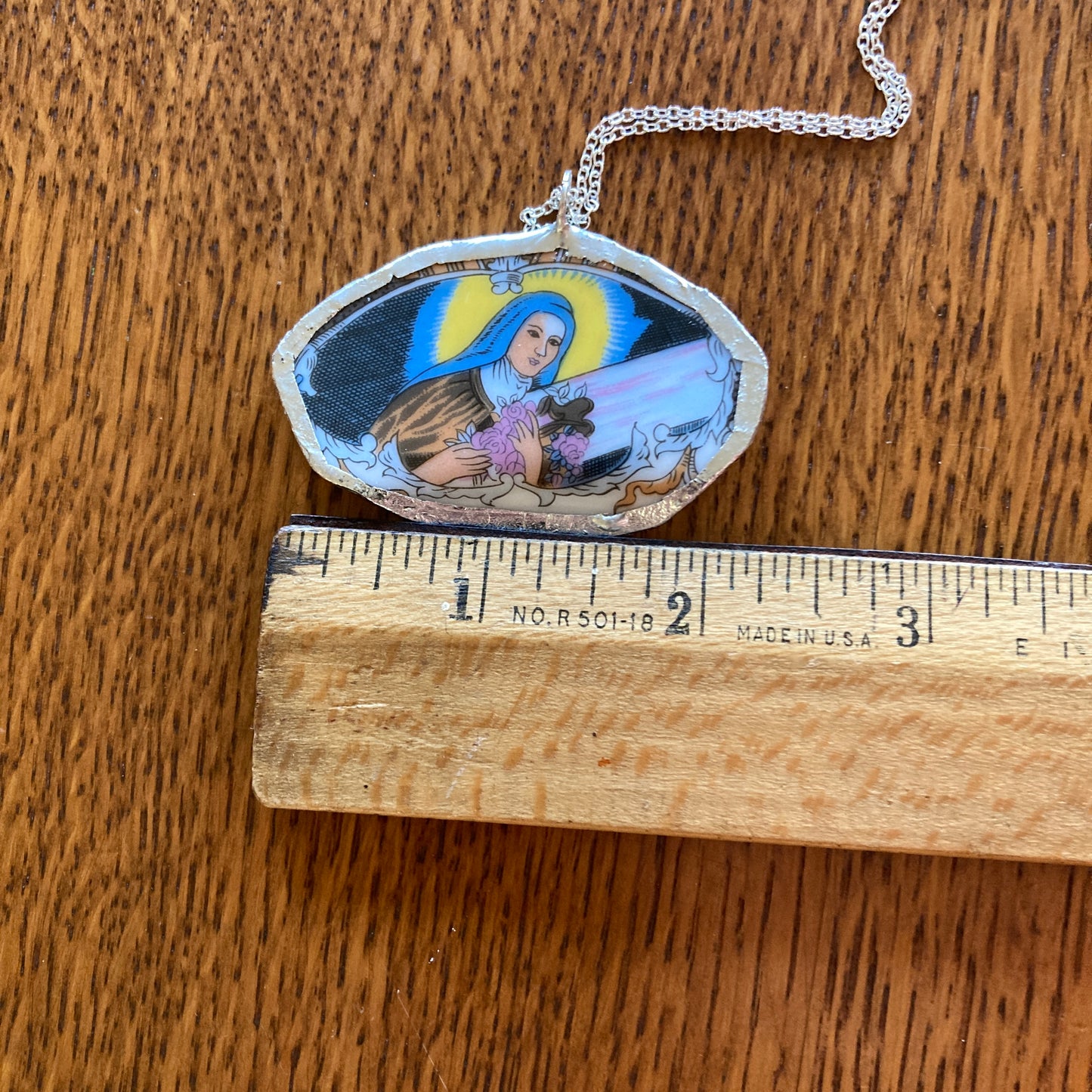 Broken Pottery Artisan Made Pendant Christian Religious Plate Handcrafted Necklace 1.5 in x 2.25 in