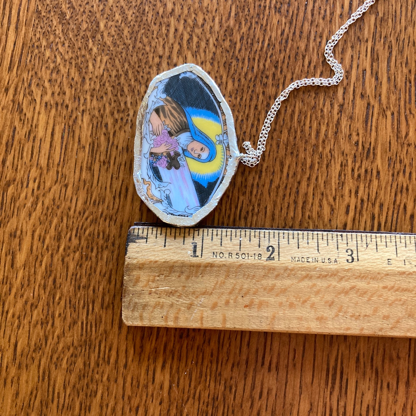 Broken Pottery Artisan Made Pendant Christian Religious Plate Handcrafted Necklace 1.5 in x 2.25 in