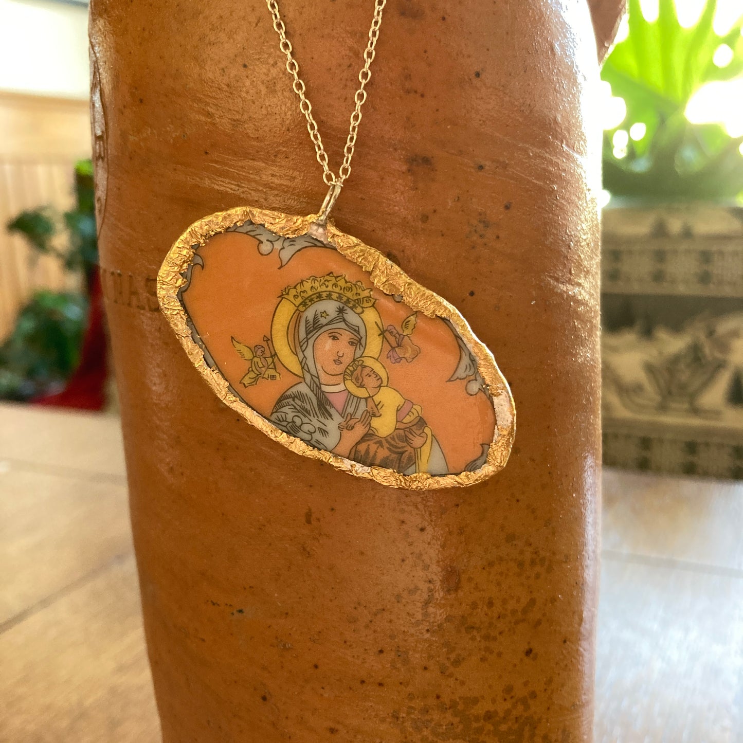 Broken Pottery Artisan Made Pendant Christian Religious Plate Handcrafted Necklace 1.25 in x 2.25 in
