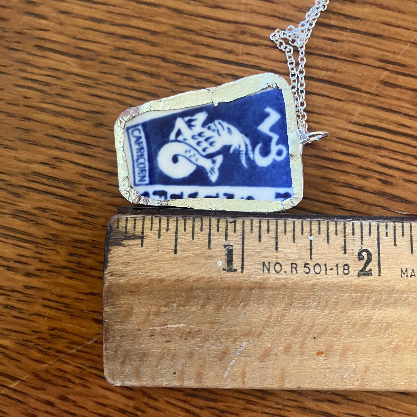 Artisan Made Capricorn Pendant Repurposed Zodiac Calendar Plate Shard Unique Necklace 1in x 1.5in