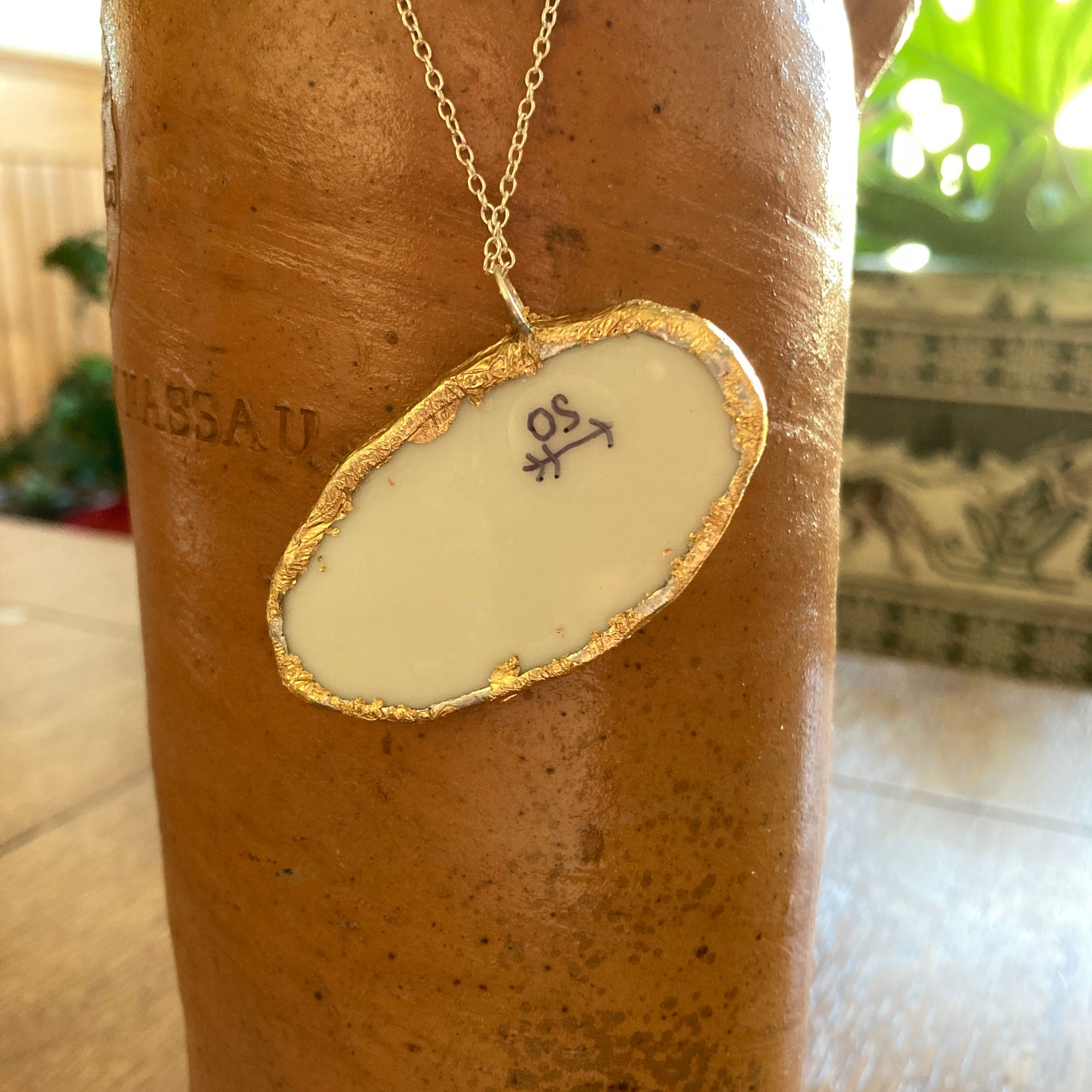 Broken Pottery Artisan Made Pendant Christian Religious Plate Handcrafted Necklace 1.25 in x 2.25 in
