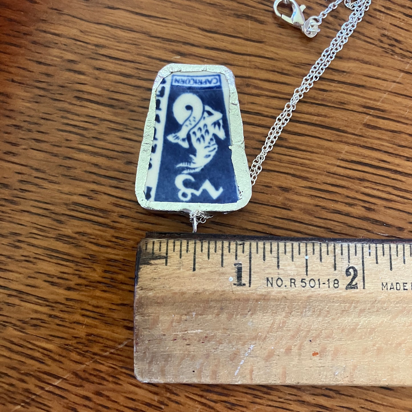 Artisan Made Capricorn Pendant Repurposed Zodiac Calendar Plate Shard Unique Necklace 1in x 1.5in