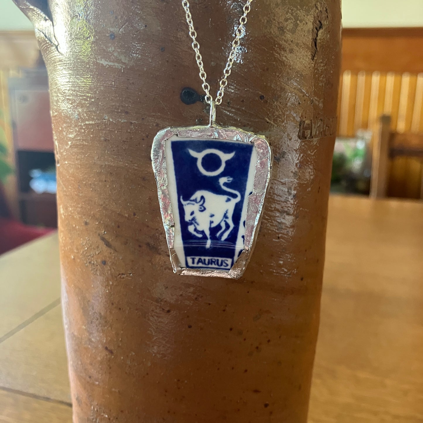 Artisan Made Taurus Pendant Repurposed Zodiac Calendar Plate Shard Unique Necklace 1 1/8in x 1.5in