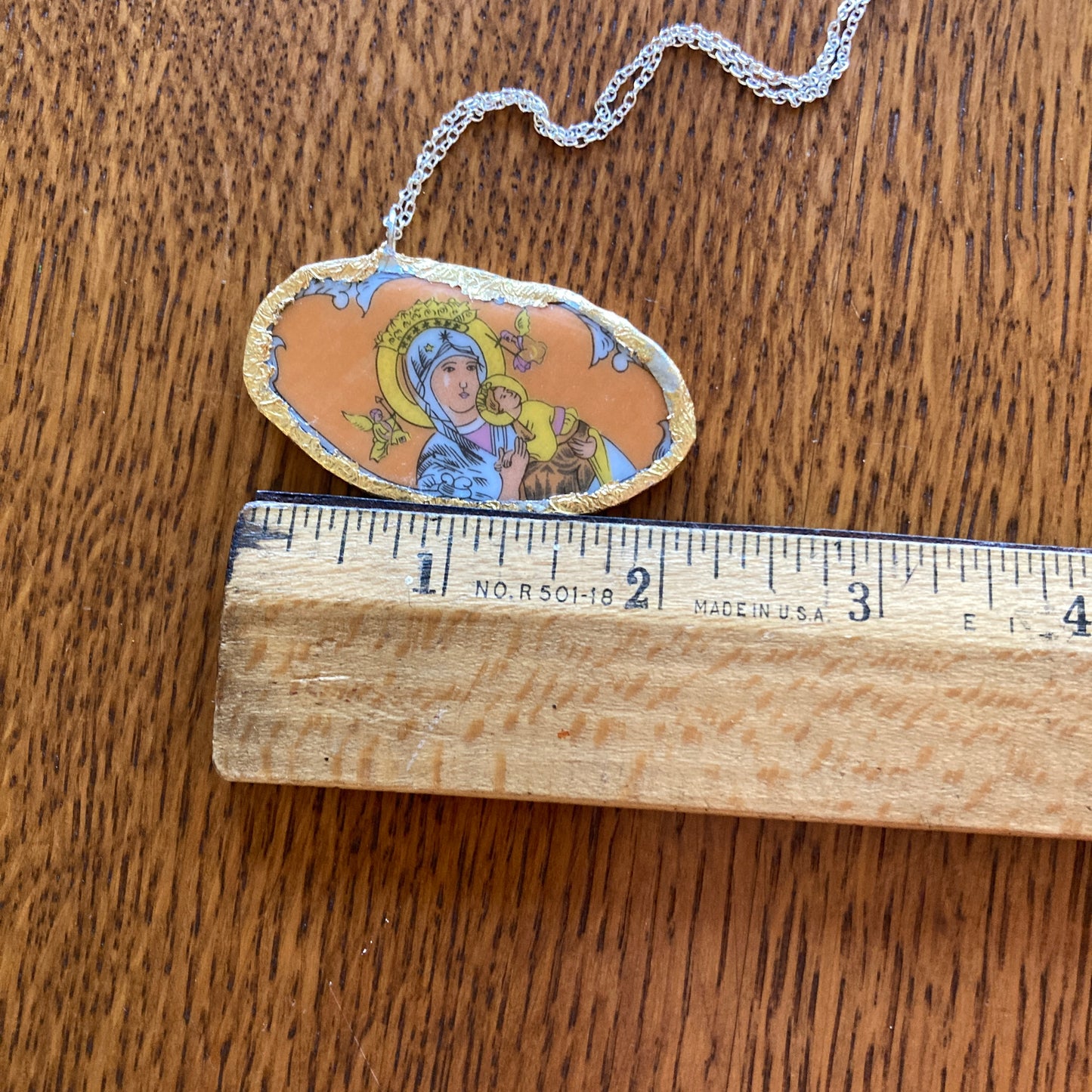 Broken Pottery Artisan Made Pendant Christian Religious Plate Handcrafted Necklace 1.25 in x 2.25 in