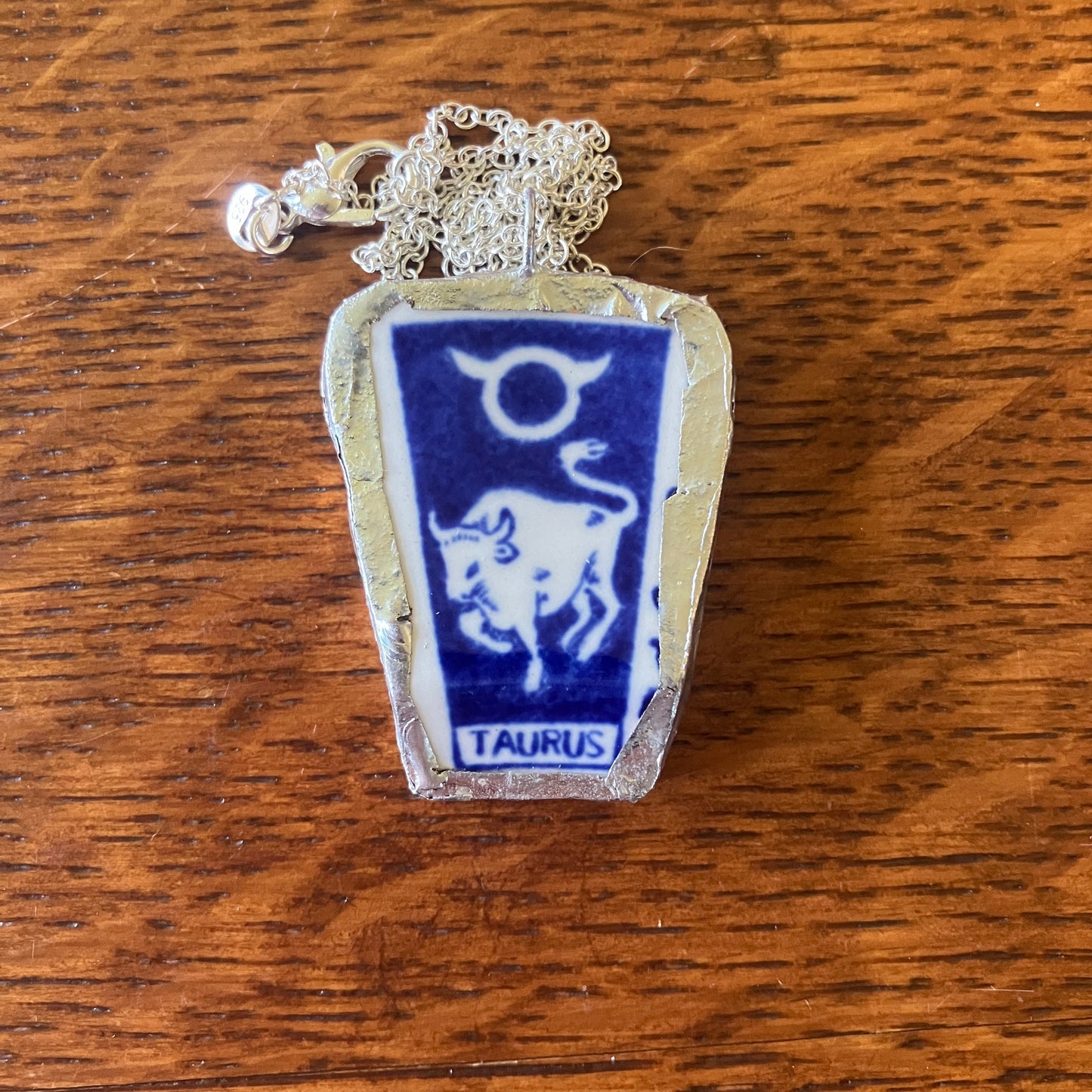 Artisan Made Taurus Pendant Repurposed Zodiac Calendar Plate Shard Unique Necklace 1 1/8in x 1.5in