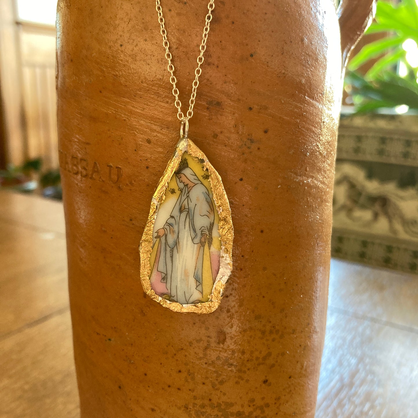 Broken Pottery Artisan Made Pendant Christian Religious Plate Handcrafted Necklace 1 in x 1.75 in