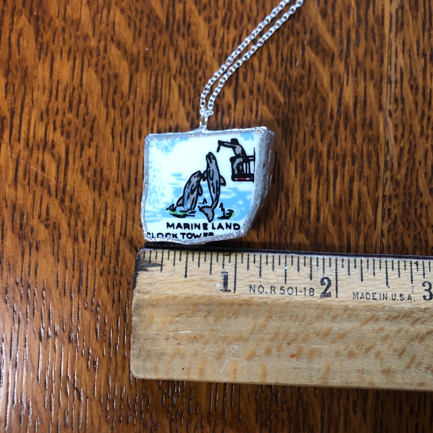 Broken Pottery Artisan Made Marineland Pendant Florida Collectors Plate Handcrafted Necklace 1.25in x 1 1/8in