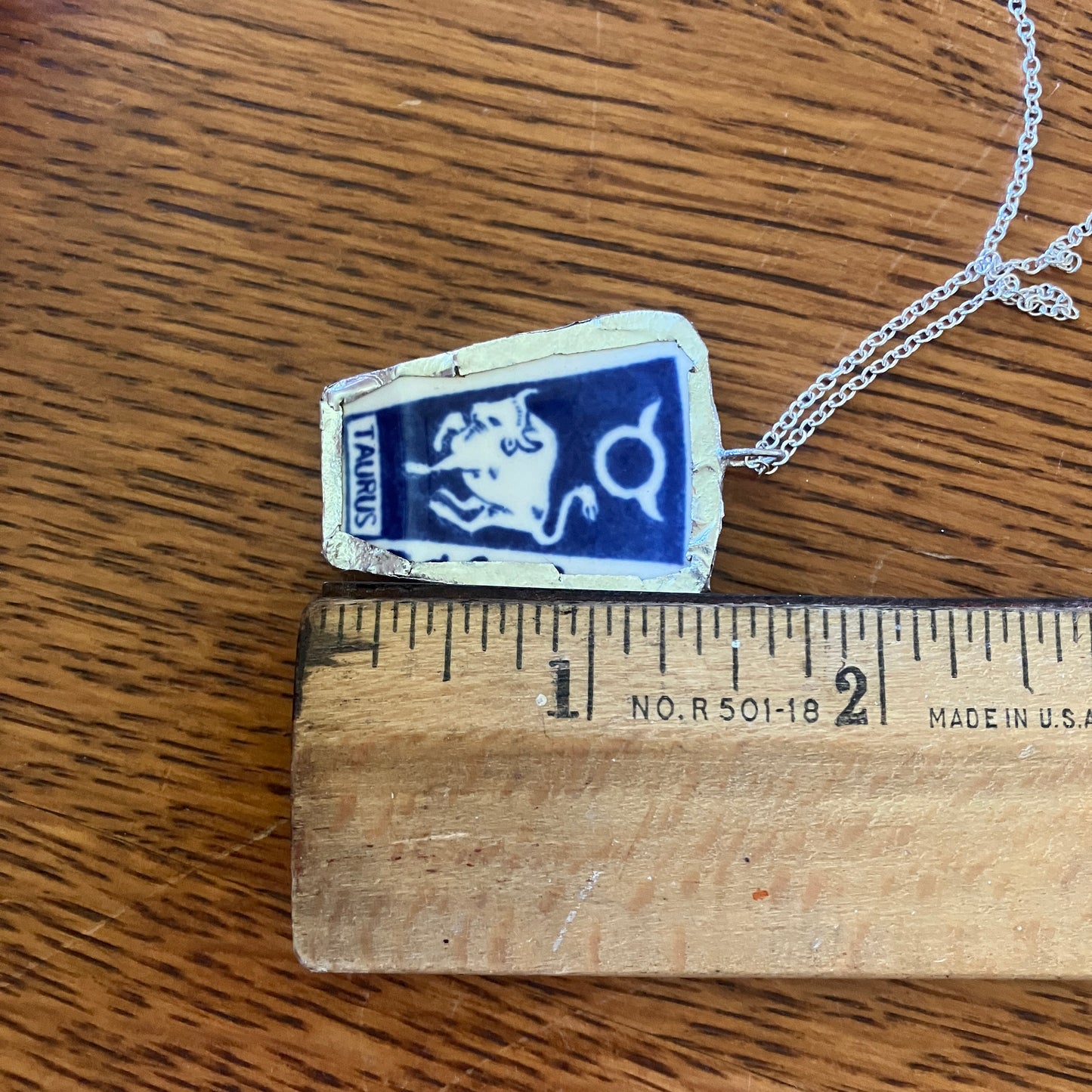 Artisan Made Taurus Pendant Repurposed Zodiac Calendar Plate Shard Unique Necklace 1 1/8in x 1.5in