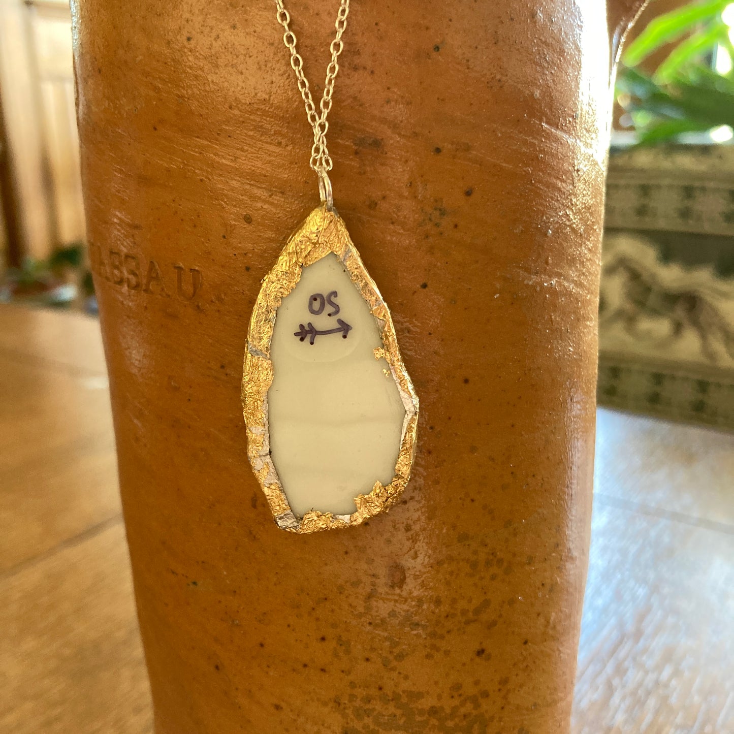 Broken Pottery Artisan Made Pendant Christian Religious Plate Handcrafted Necklace 1 in x 1.75 in