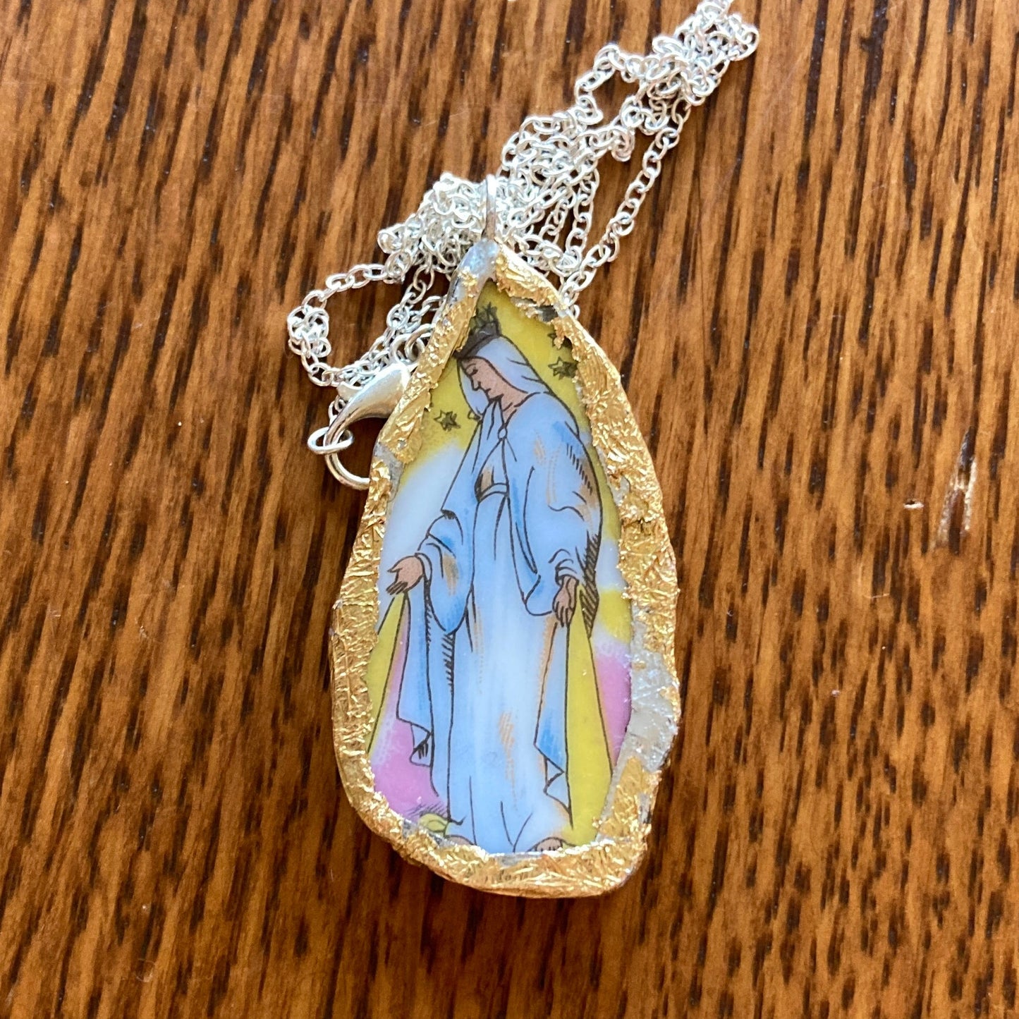 Broken Pottery Artisan Made Pendant Christian Religious Plate Handcrafted Necklace 1 in x 1.75 in