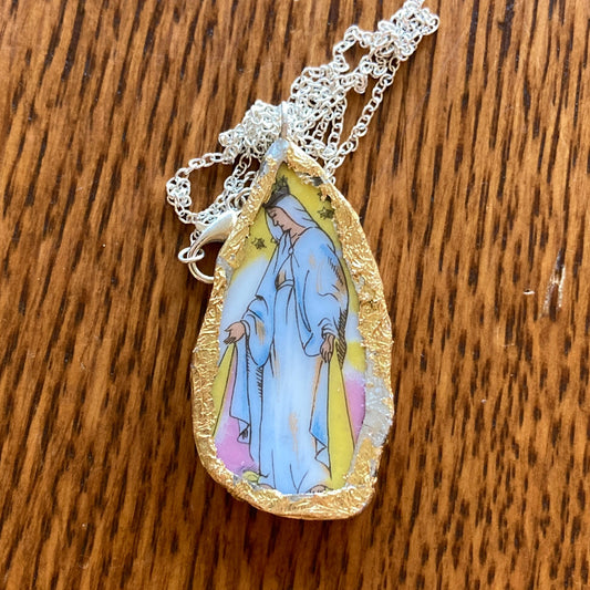 Broken Pottery Artisan Made Pendant Christian Religious Plate Handcrafted Necklace 1 in x 1.75 in