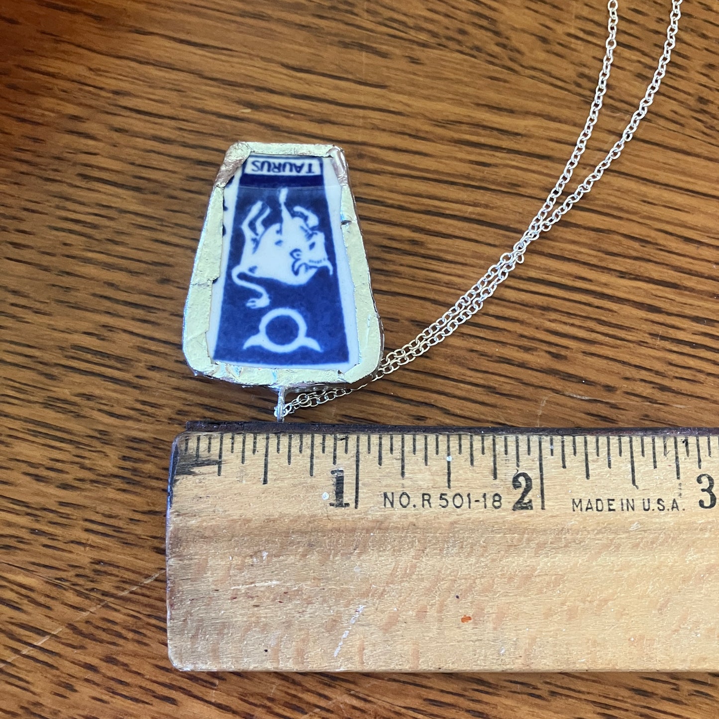Artisan Made Taurus Pendant Repurposed Zodiac Calendar Plate Shard Unique Necklace 1 1/8in x 1.5in