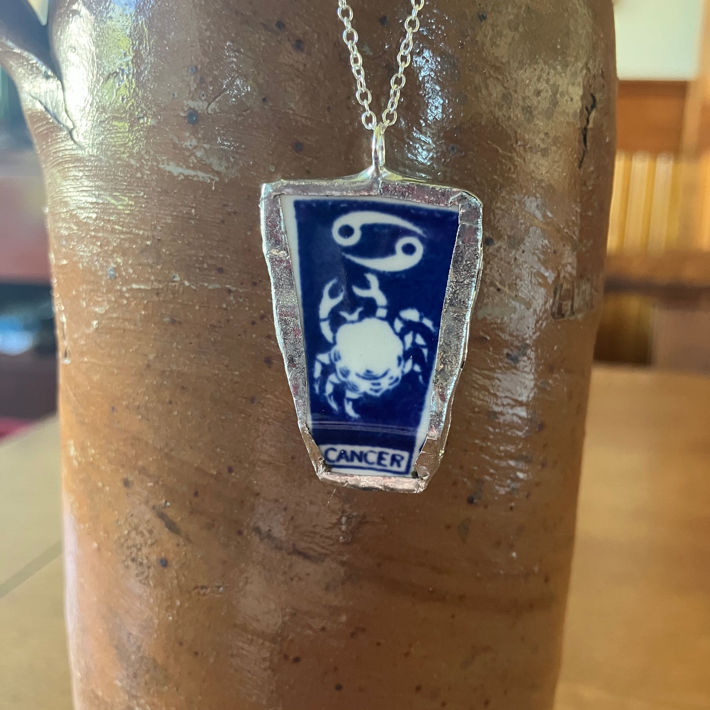 Artisan Made Cancer Pendant Repurposed Zodiac Calendar Plate Shard Unique Necklace 1in x 1.5in
