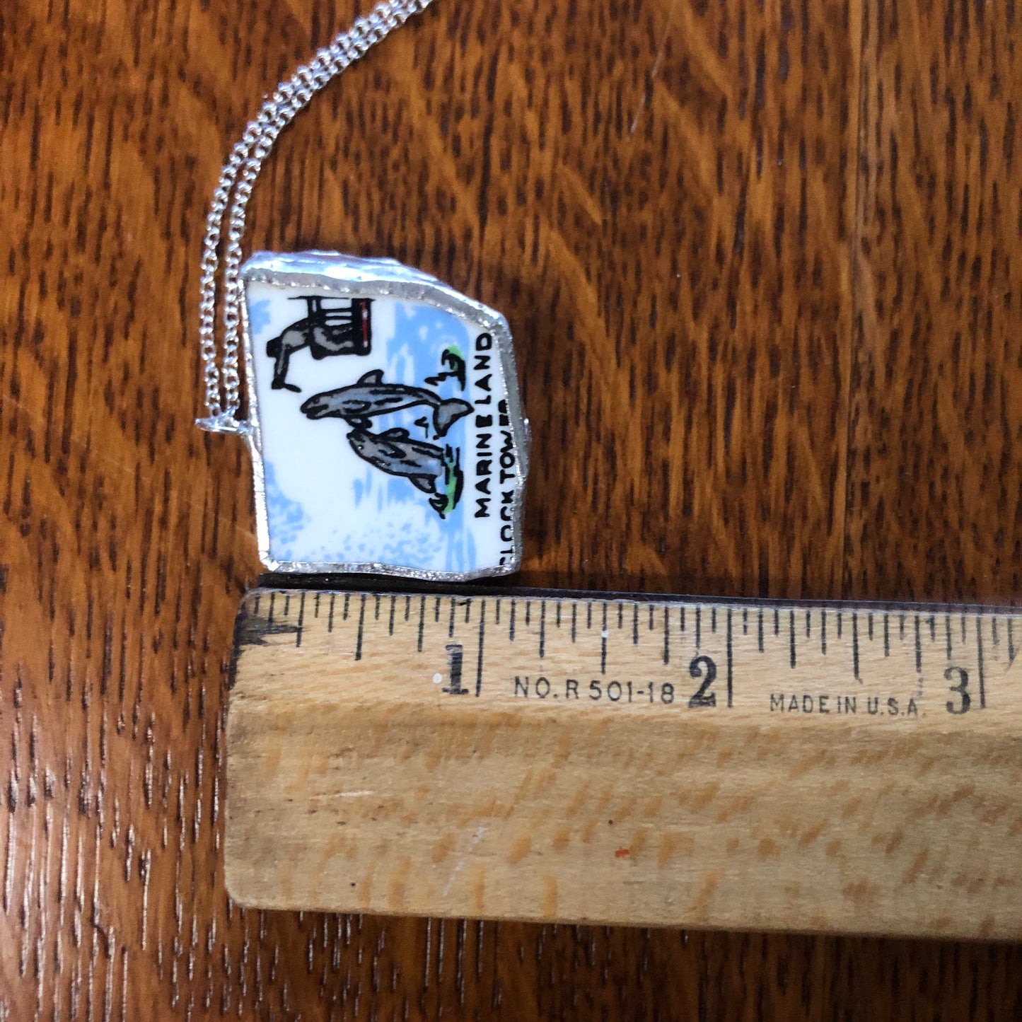 Broken Pottery Artisan Made Marineland Pendant Florida Collectors Plate Handcrafted Necklace 1.25in x 1 1/8in