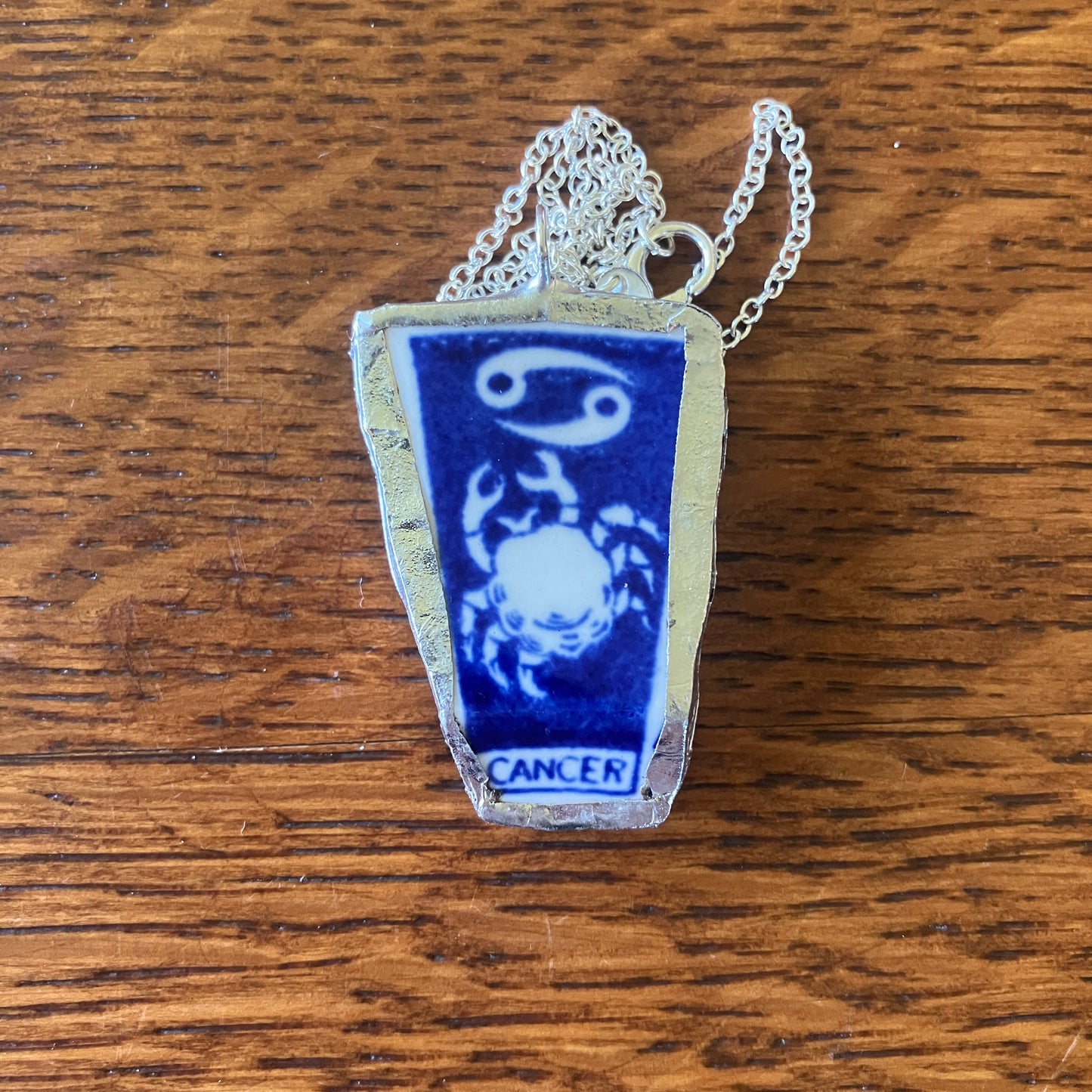 Artisan Made Cancer Pendant Repurposed Zodiac Calendar Plate Shard Unique Necklace 1in x 1.5in