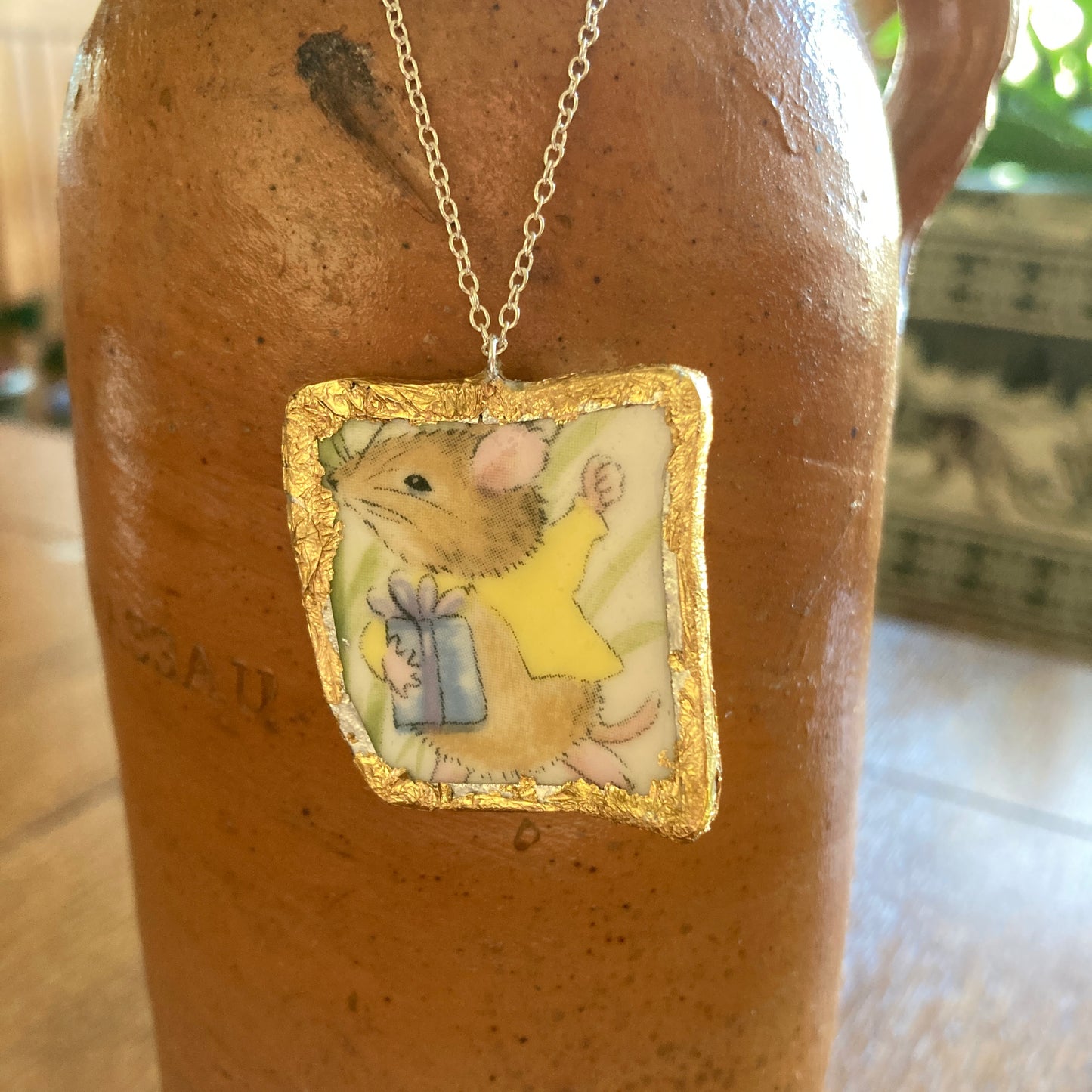 Broken Pottery Artisan Made Pendant Royal Kent Mouse Plate Handcrafted Necklace 1 3/8 in x 1.5 in