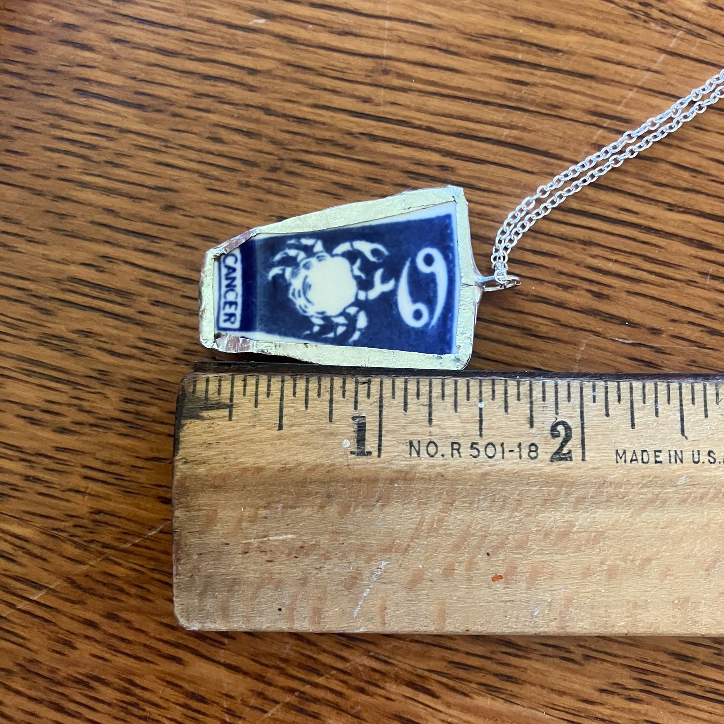 Artisan Made Cancer Pendant Repurposed Zodiac Calendar Plate Shard Unique Necklace 1in x 1.5in
