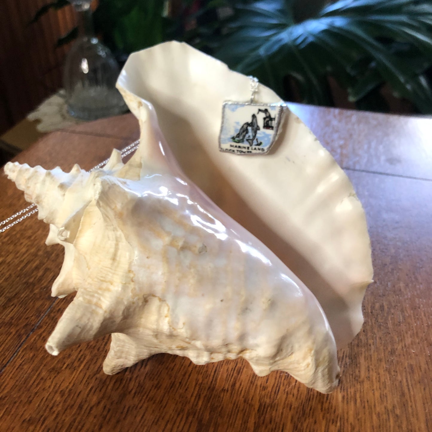 Broken Pottery Artisan Made Marineland Pendant Florida Collectors Plate Handcrafted Necklace 1.25in x 1 1/8in