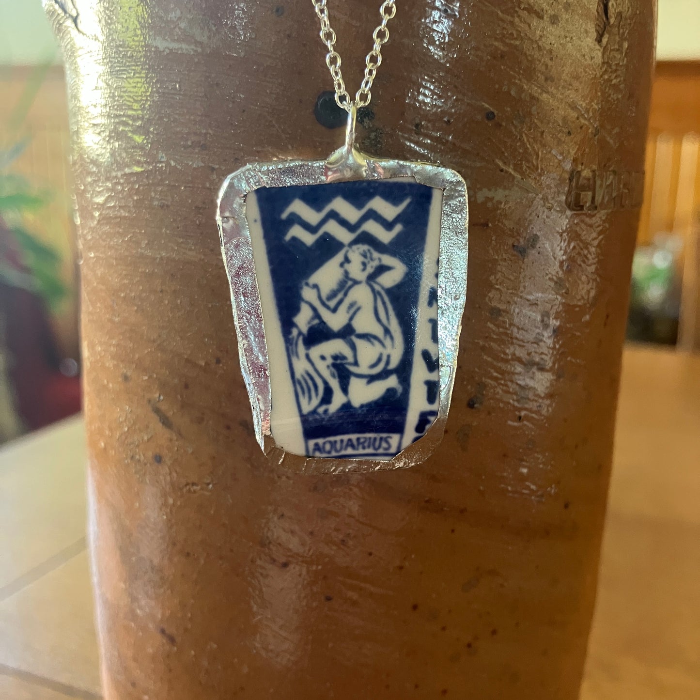Artisan Made Aquarius Pendant Repurposed Zodiac Calendar Plate Shard Unique Necklace 1in x 1.5in