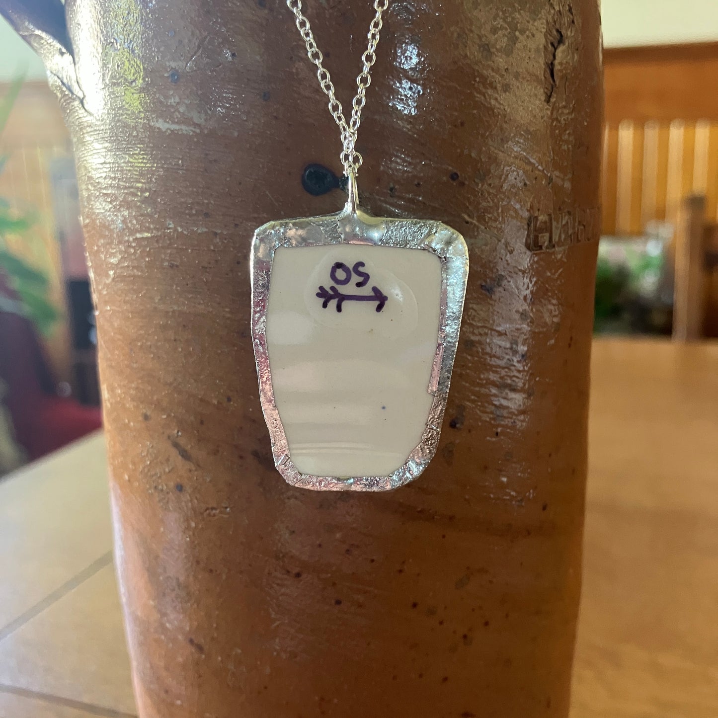 Artisan Made Aquarius Pendant Repurposed Zodiac Calendar Plate Shard Unique Necklace 1in x 1.5in