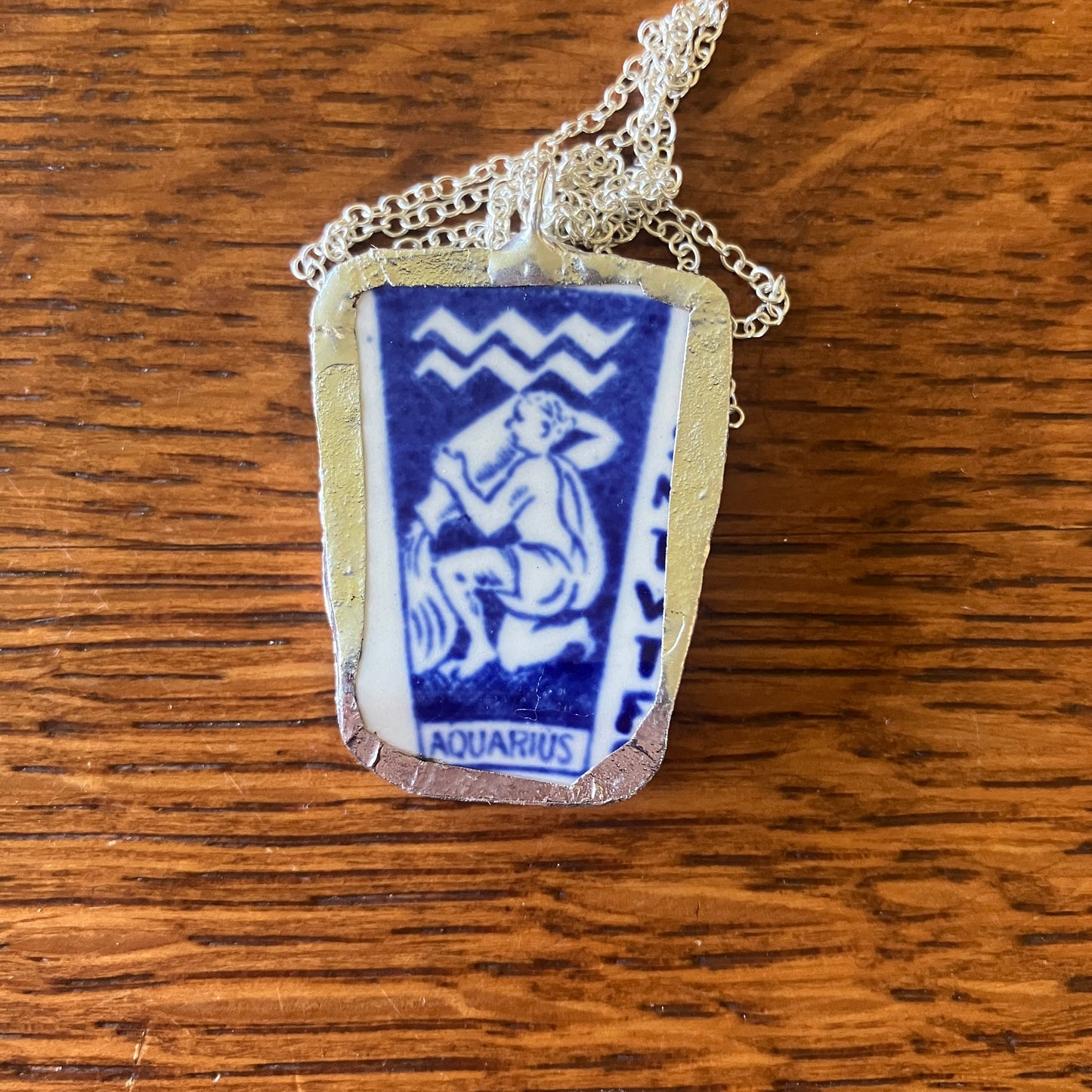 Artisan Made Aquarius Pendant Repurposed Zodiac Calendar Plate Shard Unique Necklace 1in x 1.5in