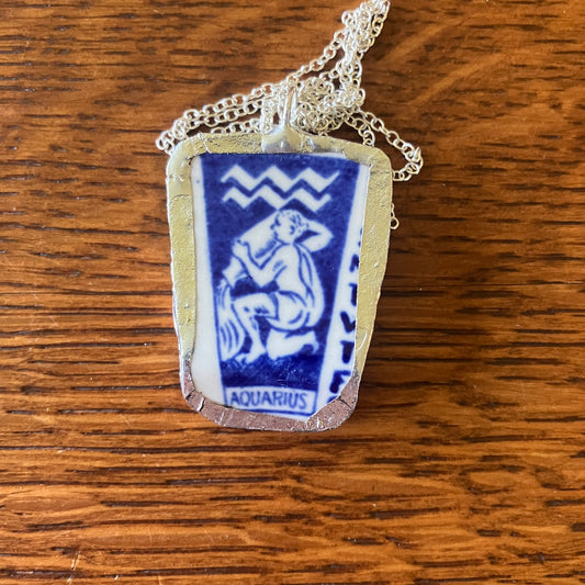 Artisan Made Aquarius Pendant Repurposed Zodiac Calendar Plate Shard Unique Necklace 1in x 1.5in