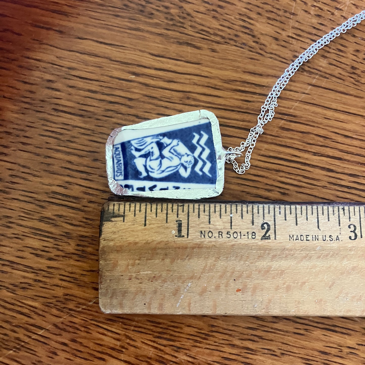 Artisan Made Aquarius Pendant Repurposed Zodiac Calendar Plate Shard Unique Necklace 1in x 1.5in