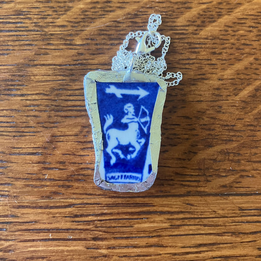 Artisan Made Sagittarius Pendant Repurposed Zodiac Calendar Plate Shard Unique Necklace 1in x 1.5in