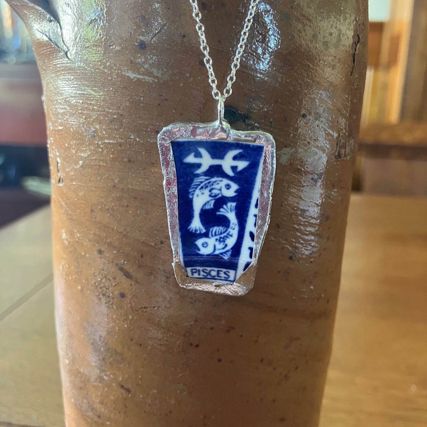 Artisan Made Pisces Pendant Repurposed Zodiac Calendar Plate Shard Unique Necklace 1in x 1.5in